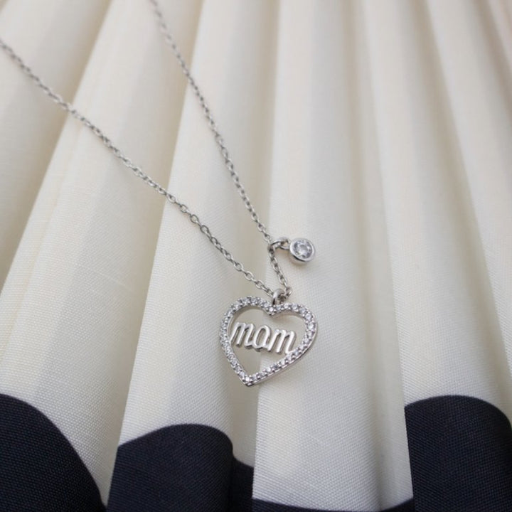 Sterling Silver 17"  "MOM" Halo CZ Heart Necklace
