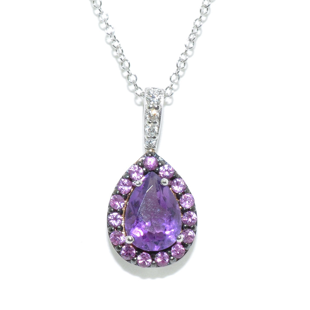 10KT White Gold 18" Amethyst Pink Sapphire and Diamond Necklace.