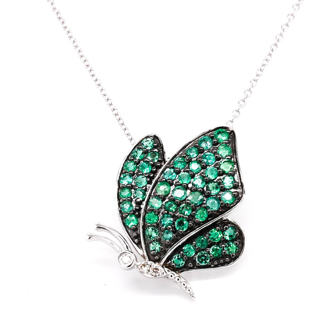 10KT White Gold 18" 0.45CTW Emerald and Diamond Butterfly Necklace.