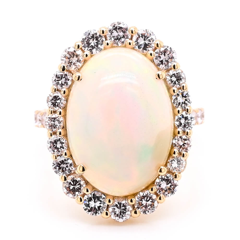graziella 14KT Yellow Gold 7.01CT Opal & Fancy Light Pink Diamond Halo Set Ring