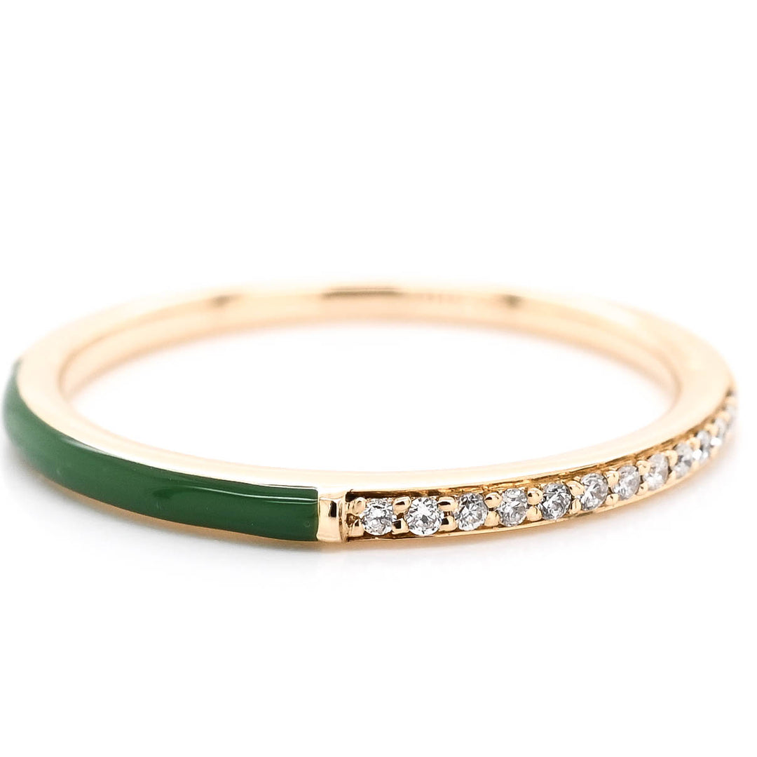 14KT Yellow Gold 0.06CT Diamond and Green Enamel Ring.