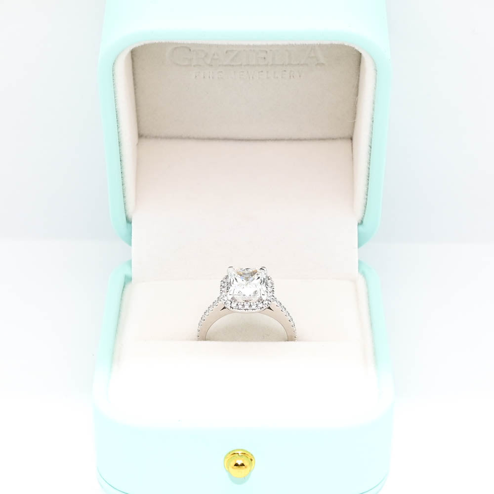 Platinum 3.67CTW Cushion Cut LAB Created Diamond Halo Set Engagement Ring.