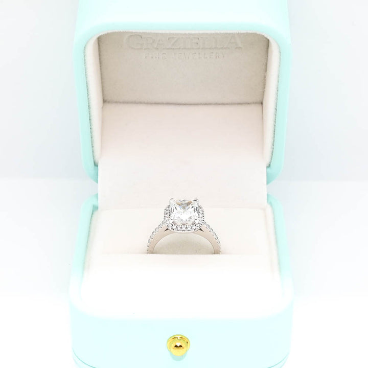 Platinum 3.67CTW Cushion Cut LAB Created Diamond Halo Set Engagement Ring.