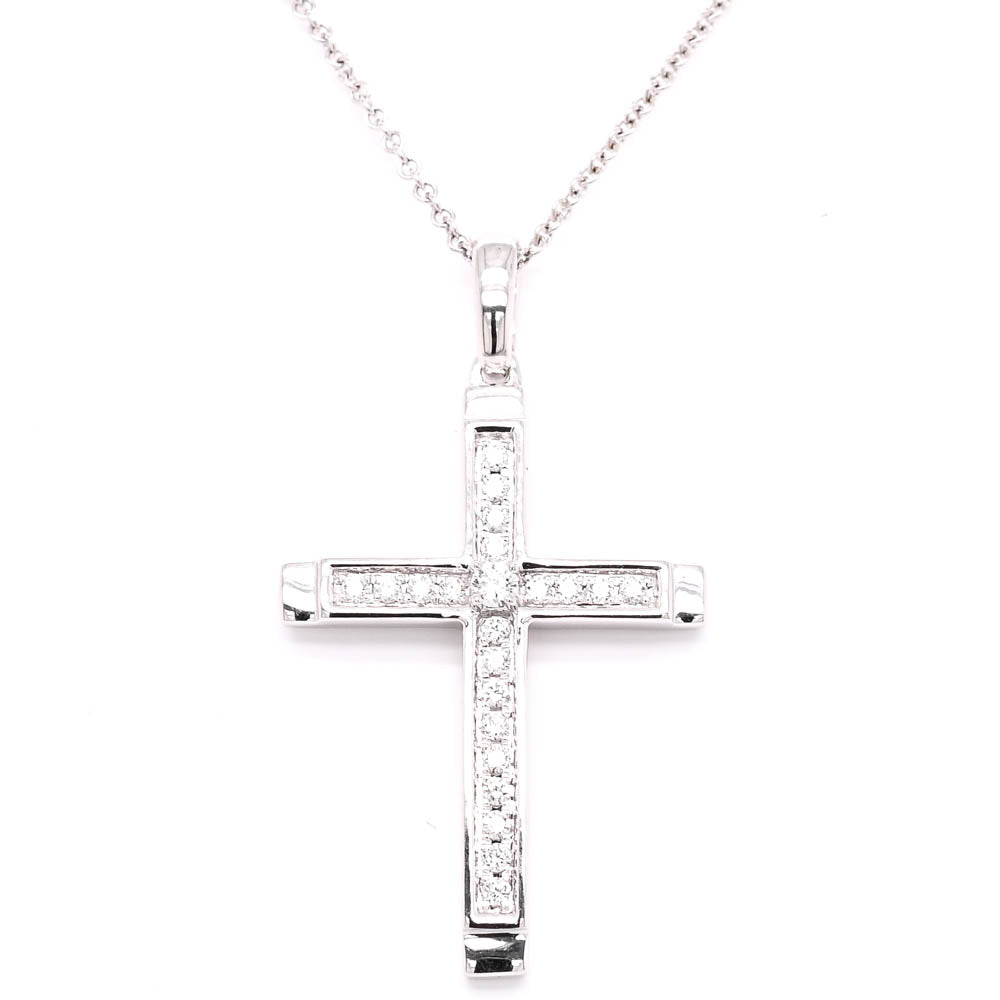 18KT White Gold 20" 0.17CTW Diamond Cross Necklace.