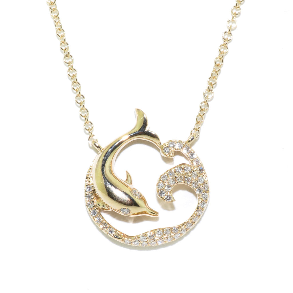 14KT Yellow Gold 18" 0.13CTW Diamond Dolphin Necklace.