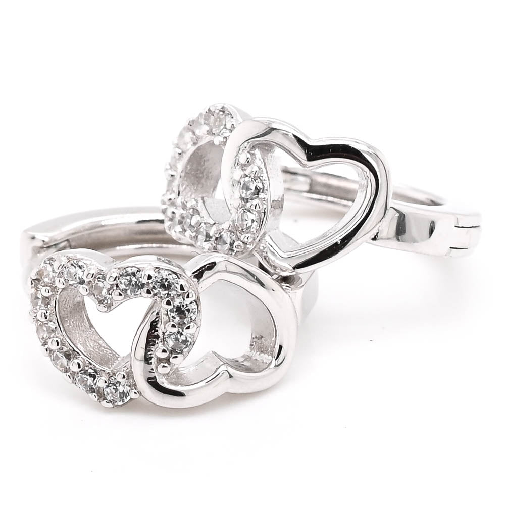 Sterling Silver 13mm C.Z Double Heart Huggie Earrings.