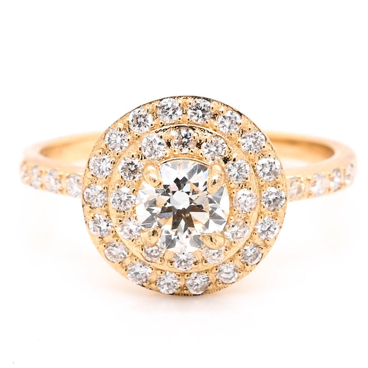 14KT Yellow Gold 0.81CTW Round Brillinat Diamond Double Halo Set Engagement Ring.