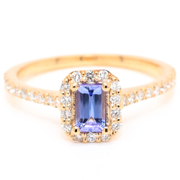 14KT Yellow Gold 0.26CT Emerald Shape Tanzanite & Diamond Halo Set Ring.