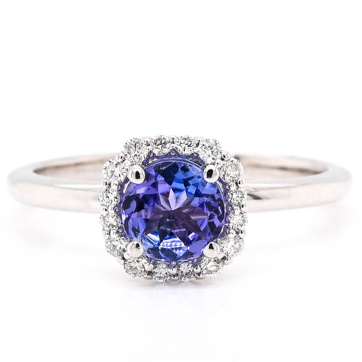 14KT White Gold 0.58CT Round Shape Tanzanite & Diamond Halo Set Ring.