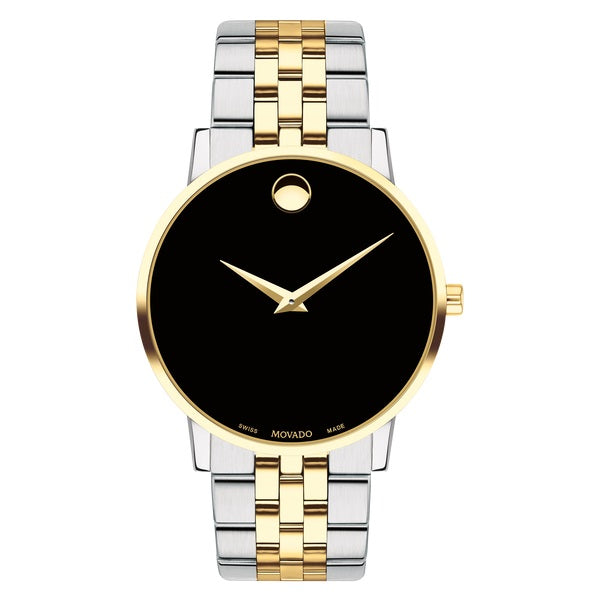 Movado Museum Classic watch, 40 mm stainless steel and yellow gold PVD-finished case, black Museum dial with yellow gold-toned dot and hands, stainless steel and yellow gold PVD-finished link Bracelet with Deployment Clasp.0607200
