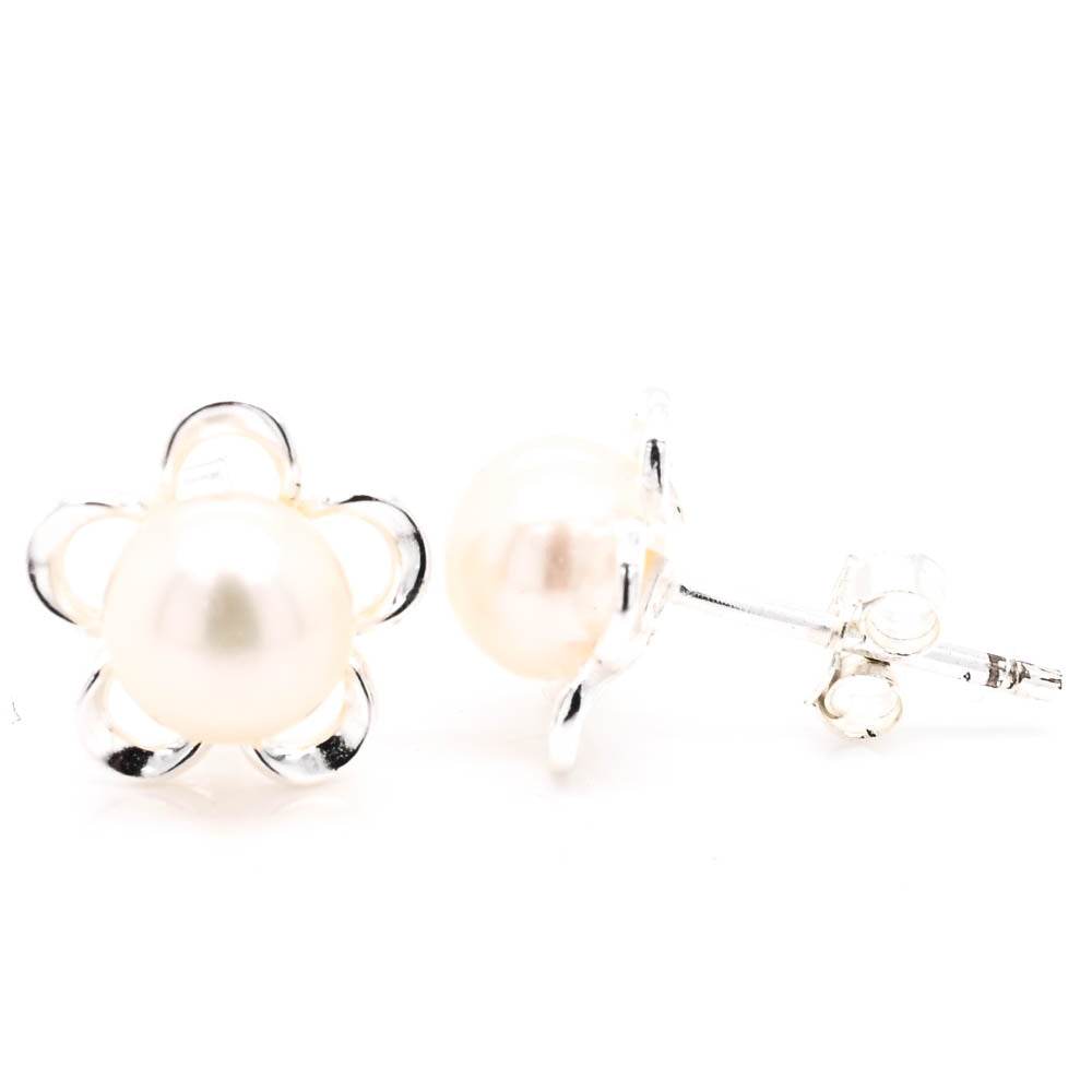 Sterling Silver 8mm Freshwater Pearl Flower Stud Earrings,