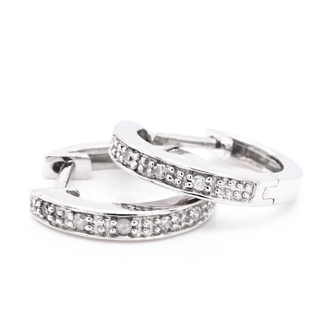 14KT White Gold 13mm Diamond Huggie Earrings.