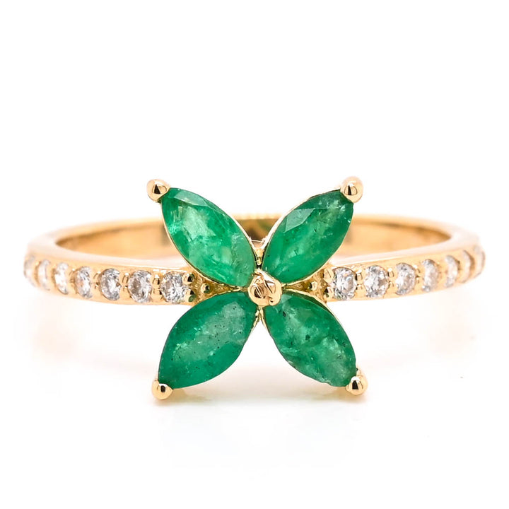 14KT Yellow Gold Emerald & Diamond Flower Ring.