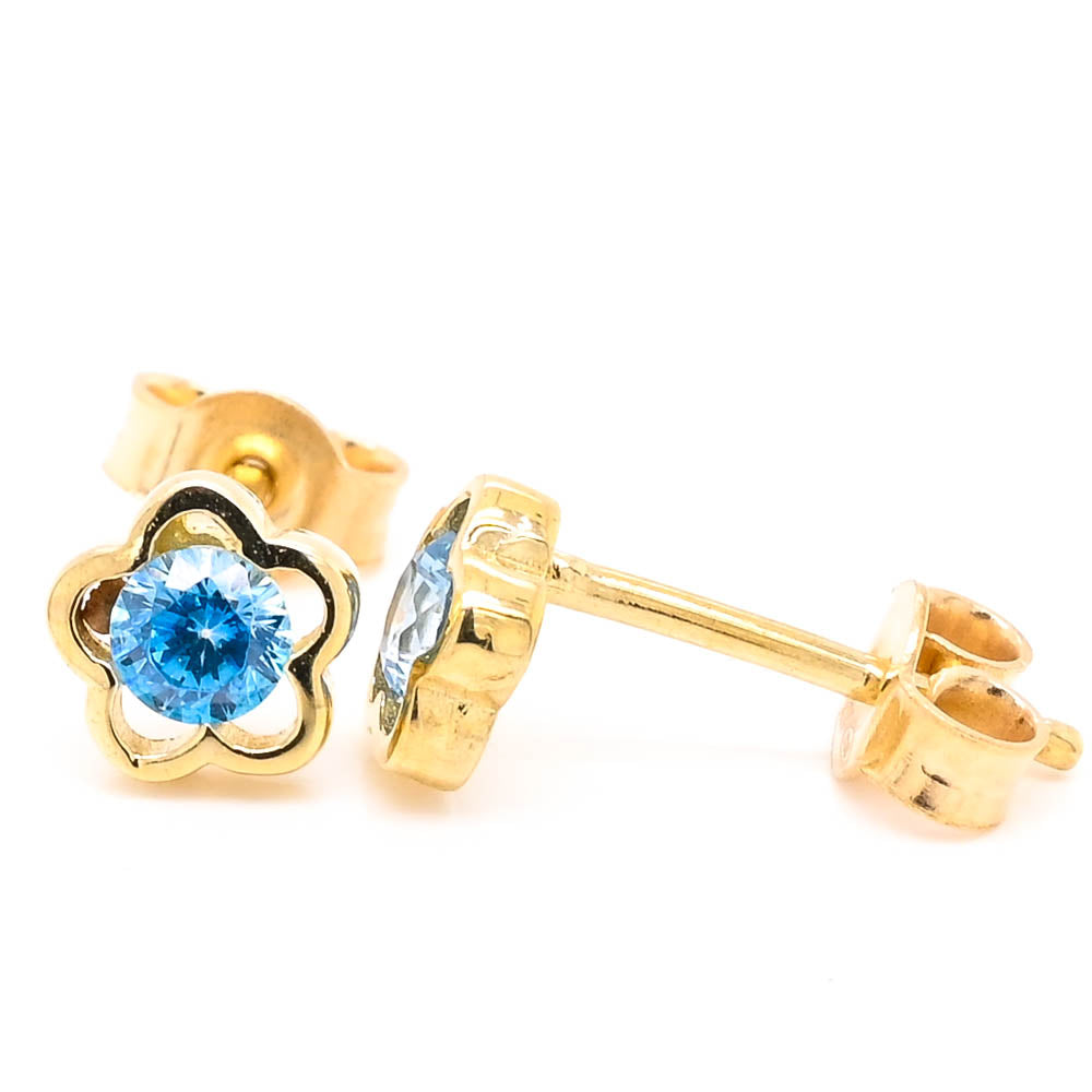 10KT Yellow Gold Blue C.Z Flower Childrens Stud Earrings.