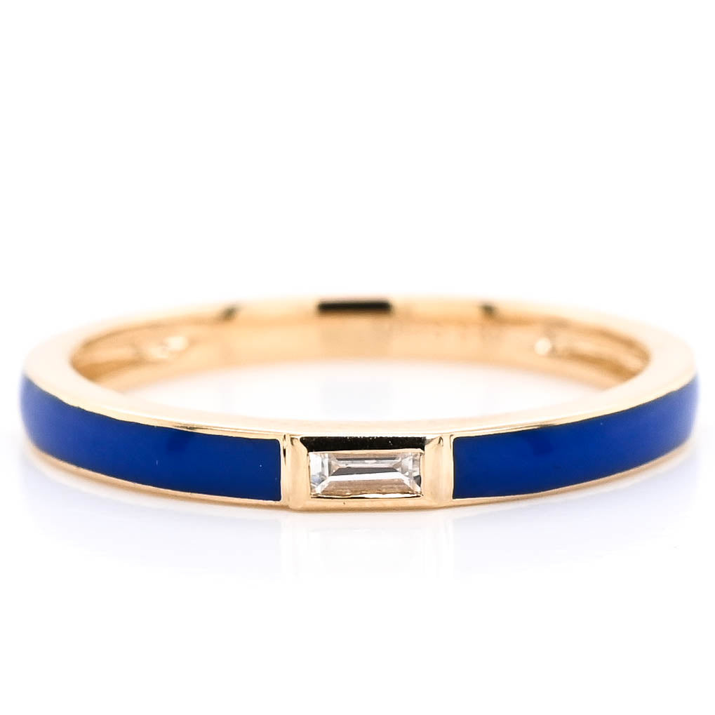 14KT Yellow Gold 0.05CT Baguette Diamond and Blue Enamel Ring.