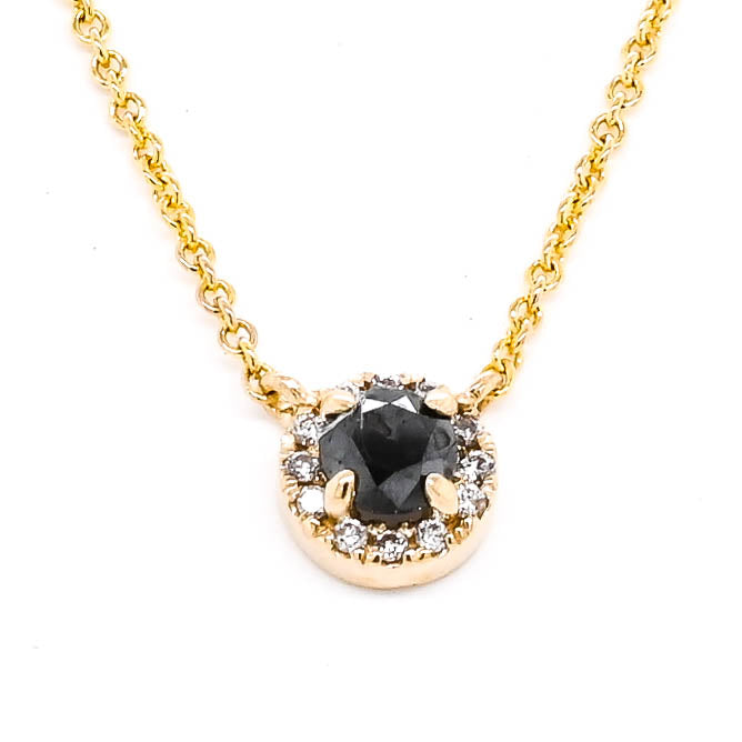 14KT Yellow Gold 18" 0.35CTW Black & White diamond Halo Set Necklace.