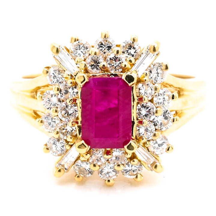 18KT Yellow Gold 1.15CT Emerald Shape Ruby & Diamond Cluster Ring.