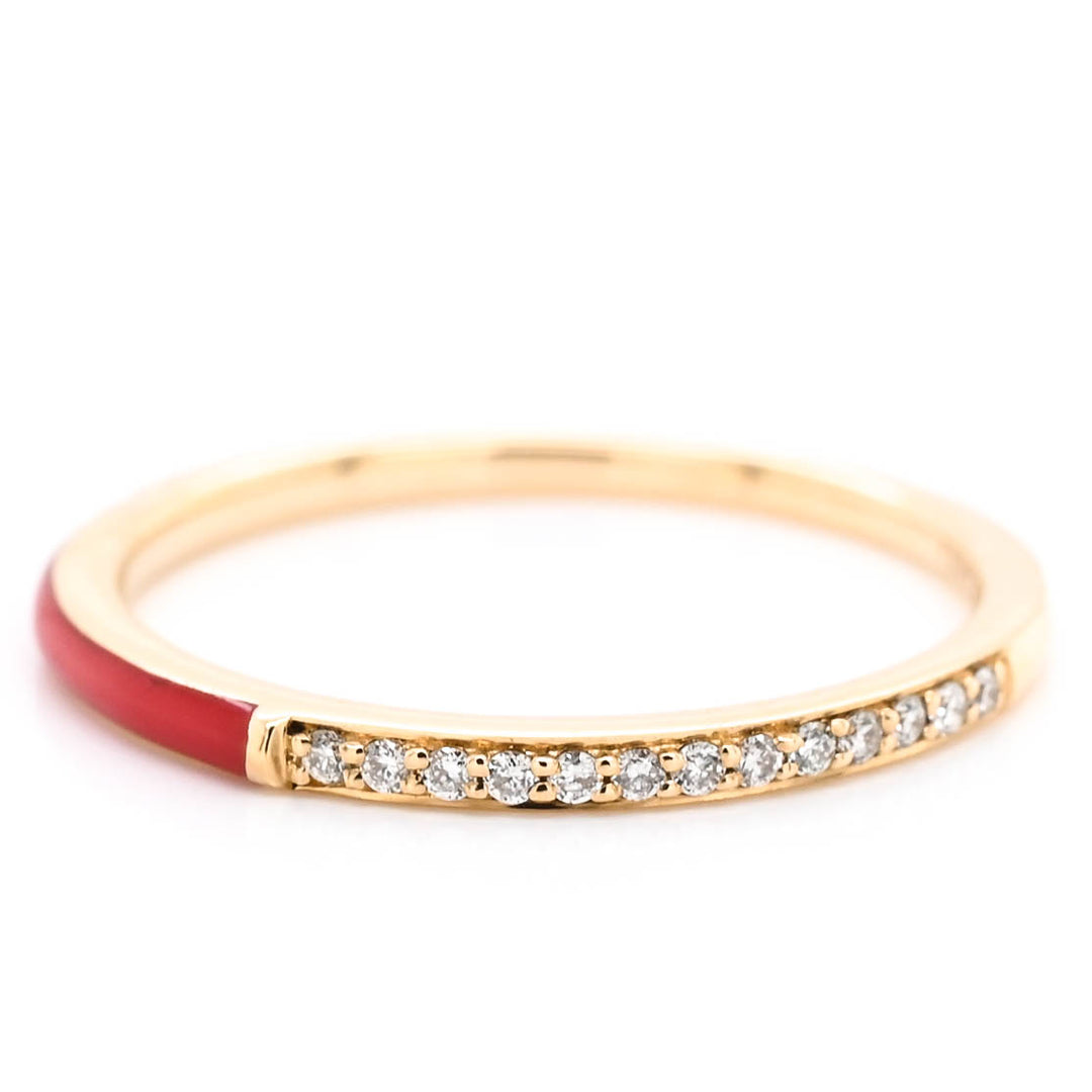 14KT Yellow Gold 0.06CT Diamond and Red Enamel Ring.