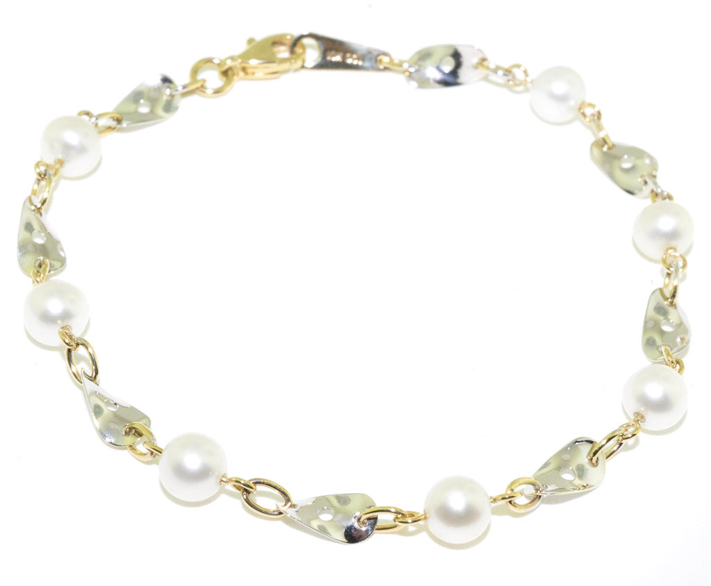 10KT Yellow and White Gold 7" 5MM Freshwater  Pearl Bracelet.