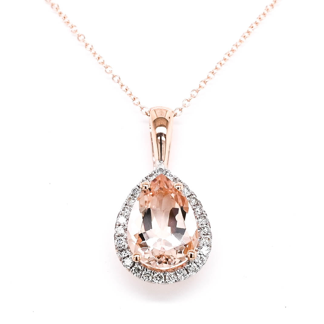 10KT Rose Gold 18"  1.35CT Pear Shape Morganite & Diamond Necklace.