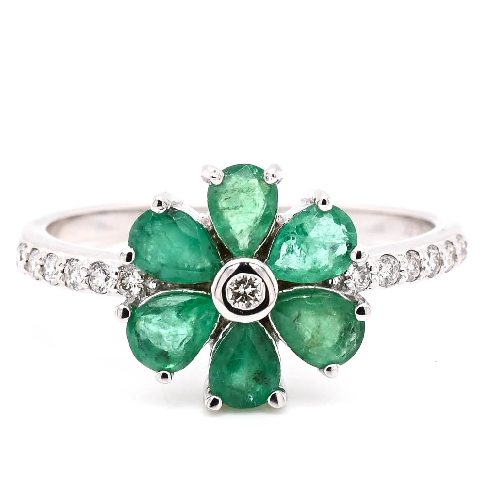 graziella 14KT White Gold Emerld & Diamond Flower Ring