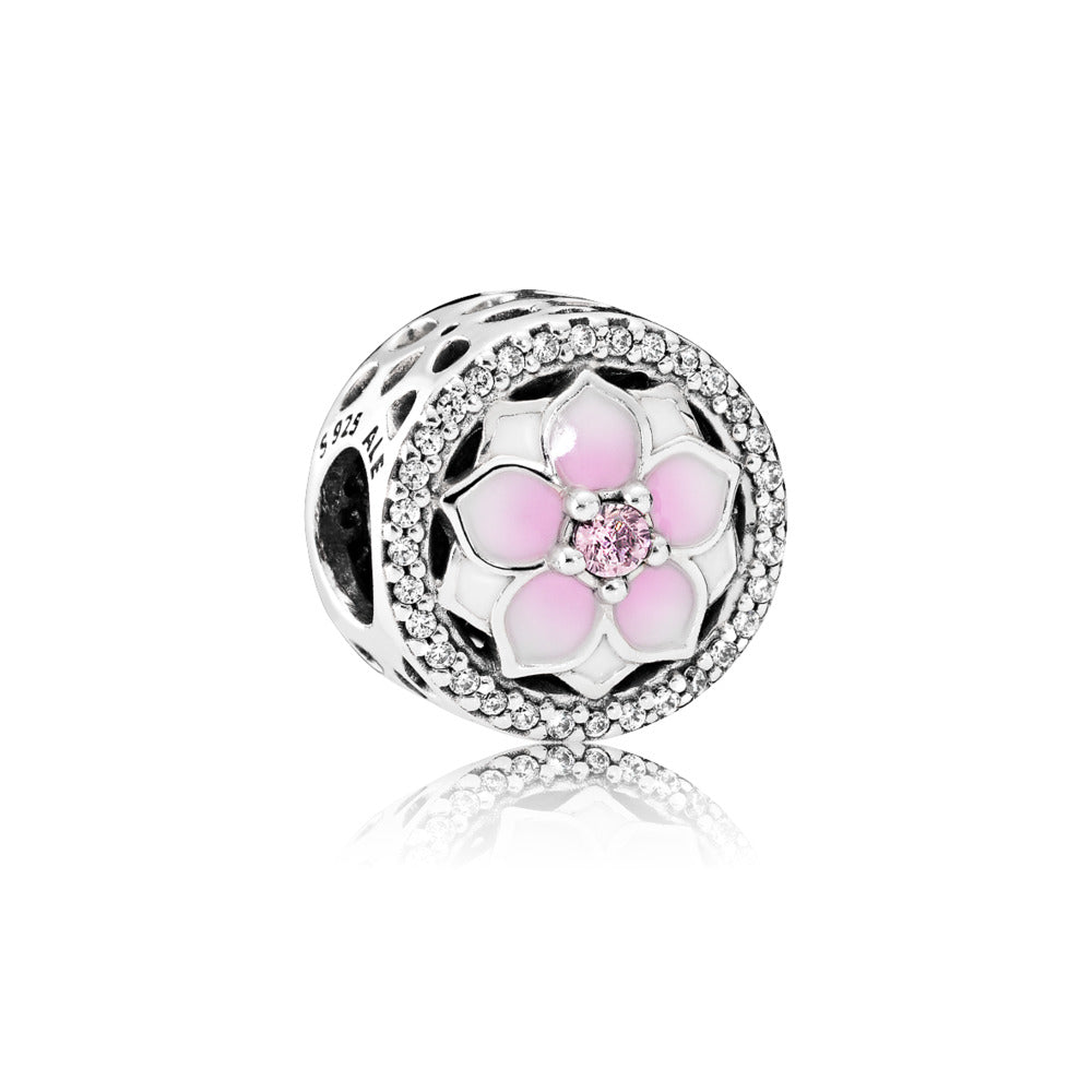 Magnolia Bloom, Pale Cerise Enamel, Pink & Clear CZ