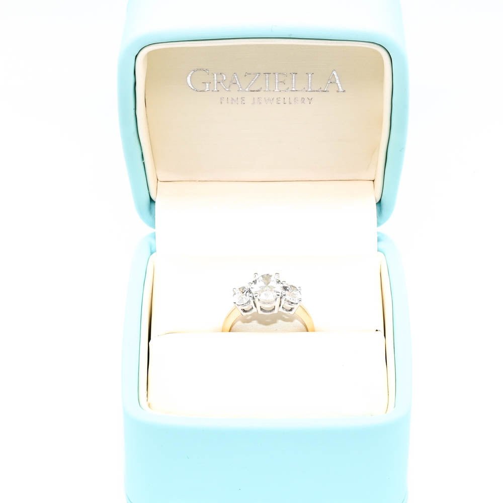 10KT Yellow & White Gold 2.50CTW Oval Shape Lab Created Diamond 3 Stone Engagement Ring.
