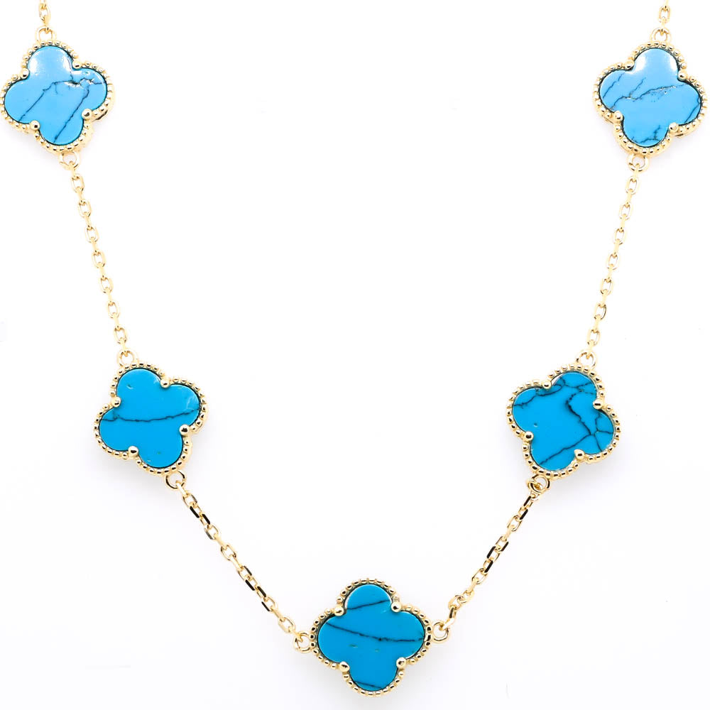 Sterling Siilver 14KT Yellow Gold Plated 24" Turquoise Multi Clover Necklace.