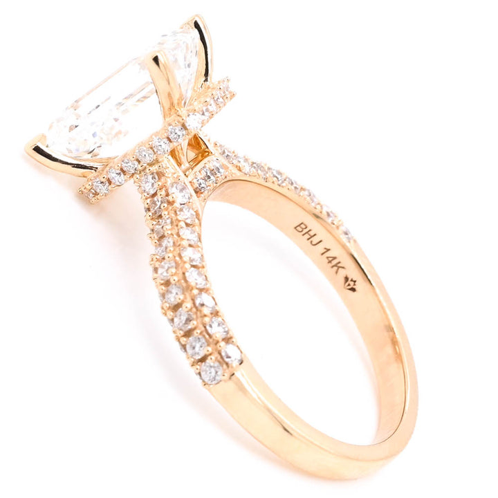 14KT Yellow Gold 3.55CTW Emerald Shape LAB Created Diamond Engagement Ring.