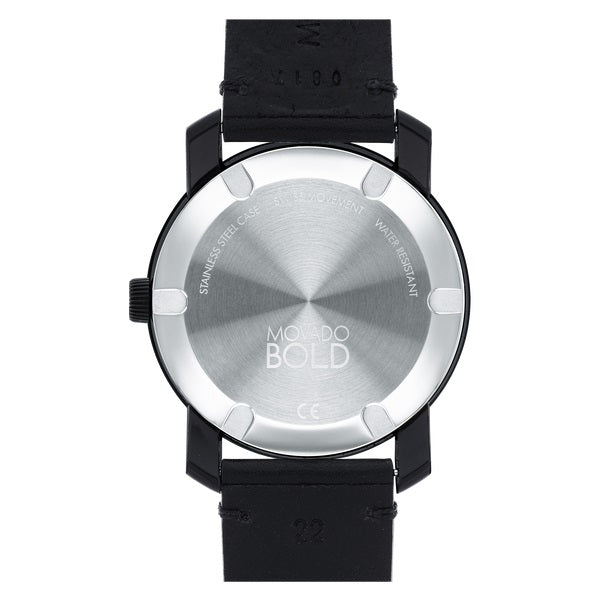 Movado BOLD watch, 42 mm black TR90 composite material and stainless steel case, black dial with tone-on-tone outer ring and cobalt blue sunray dot and hands Swiss Quartz. 3600307.