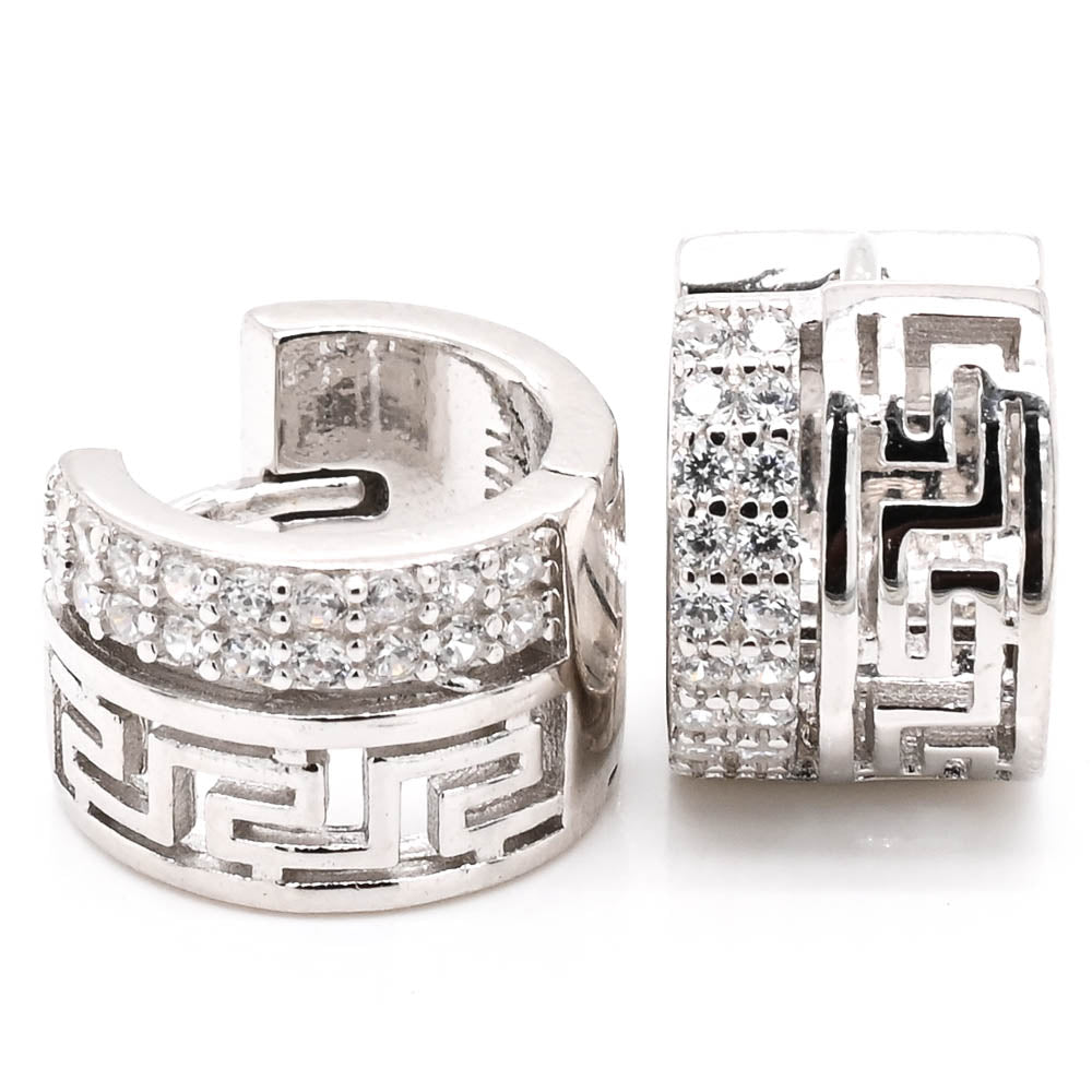 Sterling Silver C.Z Greek Key Huggie Earrings.