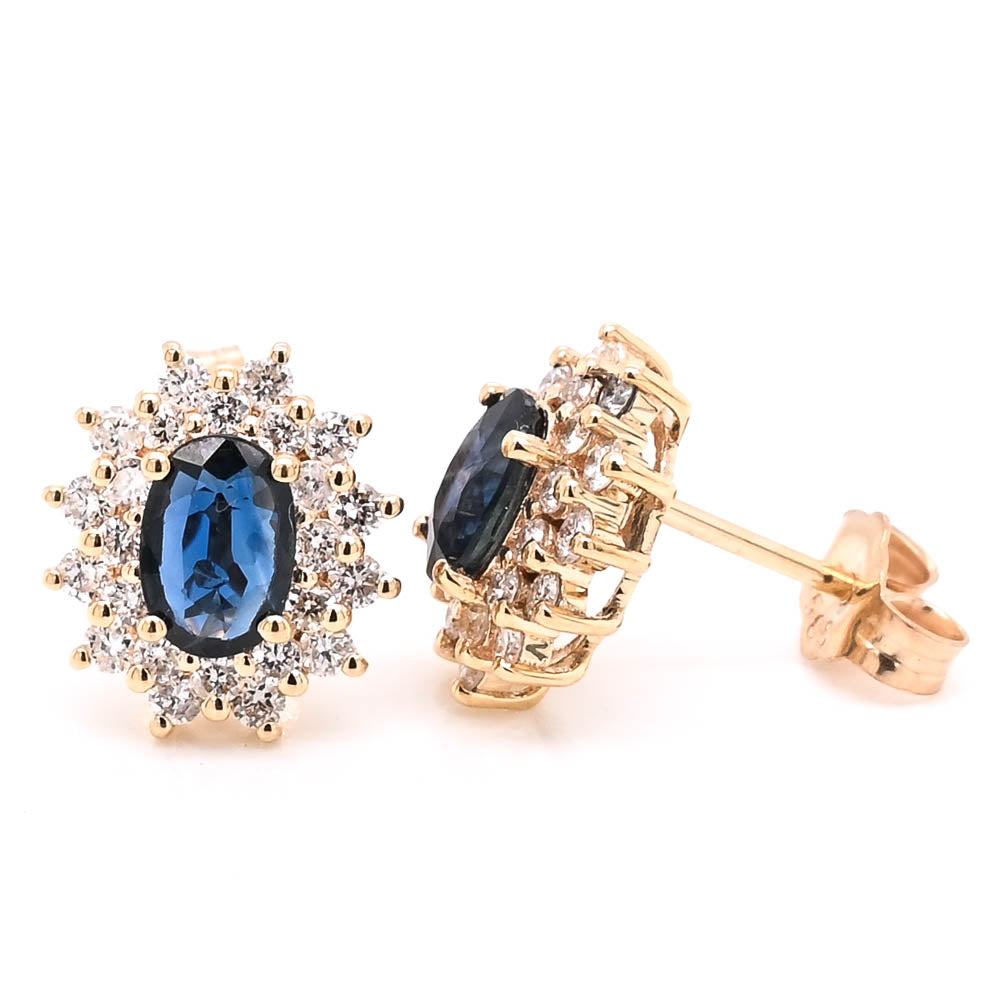 14KT Yellow Gold Oval Shape Blue Sapphire & Diamond Stud Earrings.