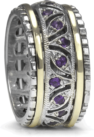 Always Meditation Ring. Sterling Silver, 9KT Gold, and Amethyst. Size 9.
