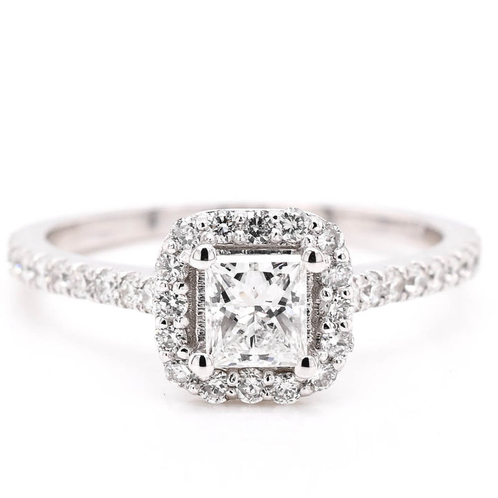 14KT White Gold 0.78CTW Princess Cut Halo Set Diamond Engagement Ring.