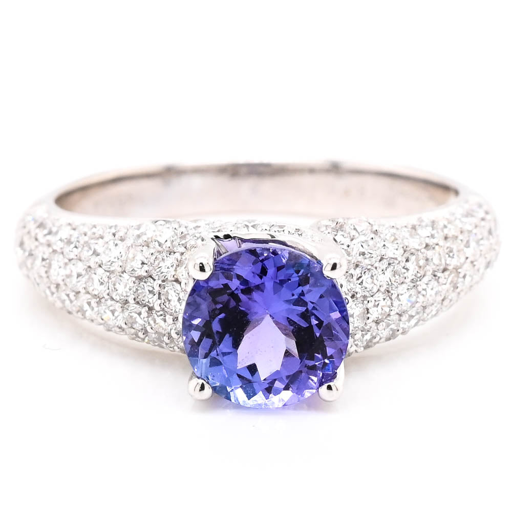 18KT White Gold 1.17CT Round Brilliant Tanzanite & Diamond Accent Ring.