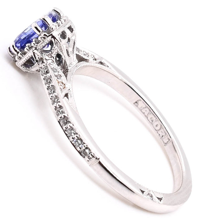 18KT White Gold 0.66CT Princess Cut Tanzanite & Diamond Tacori Halo Set Ring.