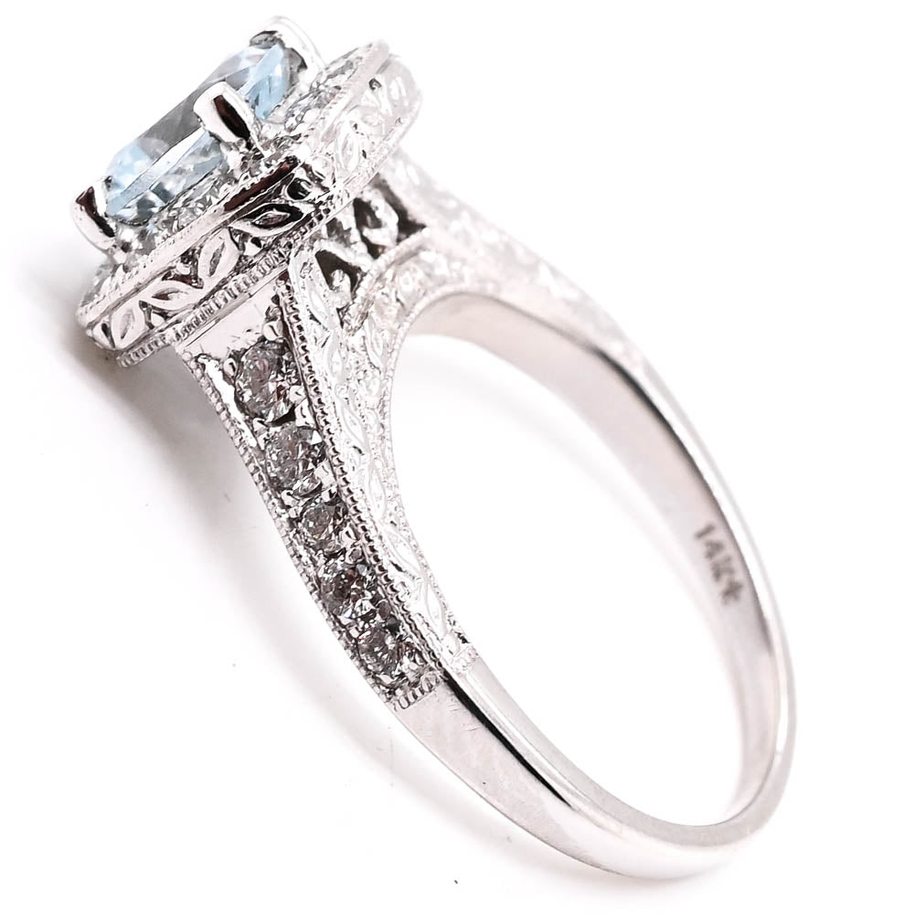 14KT White Gold 1.00CT Cushion Cut Aquamarine & Diamond Ring.