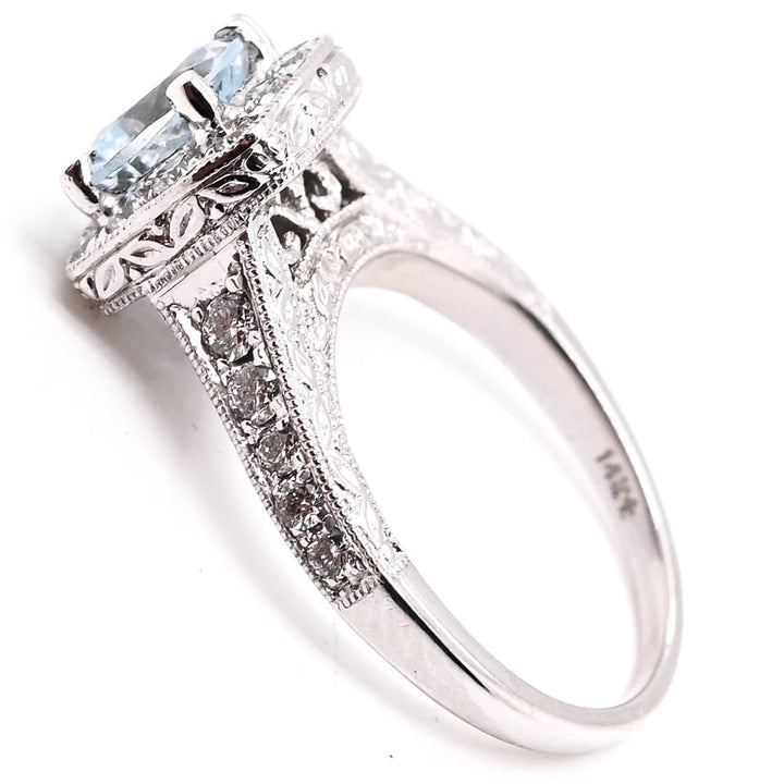 14KT White Gold 1.00CT Cushion Cut Aquamarine & Diamond Ring.