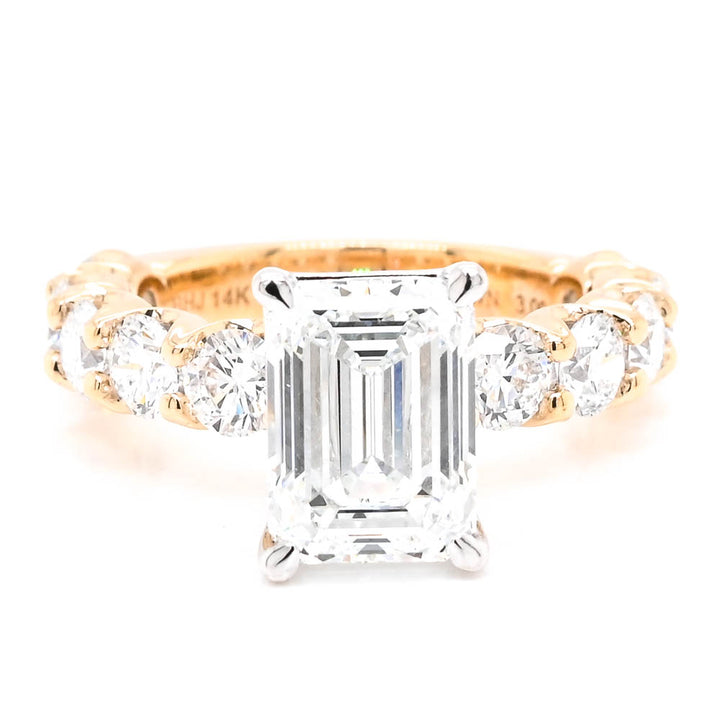 14KT Yellow & White Gold 4.10CTW Emerald Shape LAB Created Diamond Engagement Ring.
