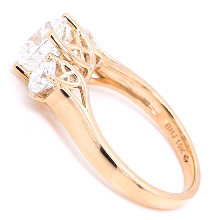 14KT Yellow Gold 2.30CTW Round Brilliant Lab Grown Diamond Trinity Engagement Ring.