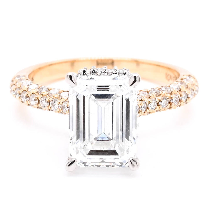 14KT Yellow Gold 3.55CTW Emerald Shape LAB Created Diamond Engagement Ring.