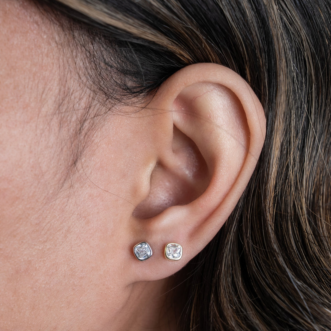 Graziella Sterling Siver Bevel Set CZ Asher Cut Stud Earrings.