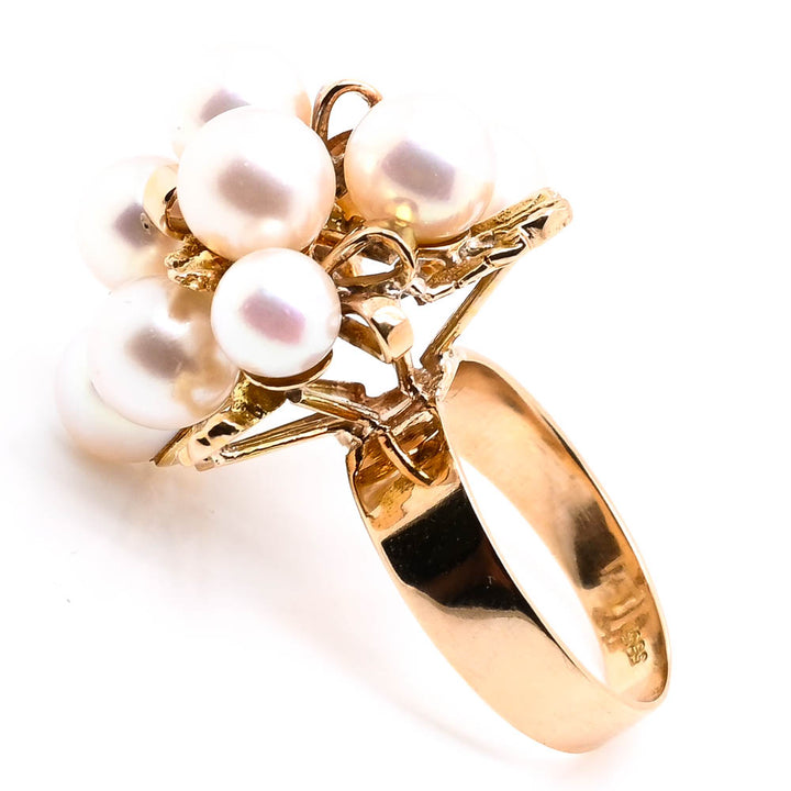 14KT Yellow Gold 6.8-7mm Akoya Cultured Pearl Cluster Ring.