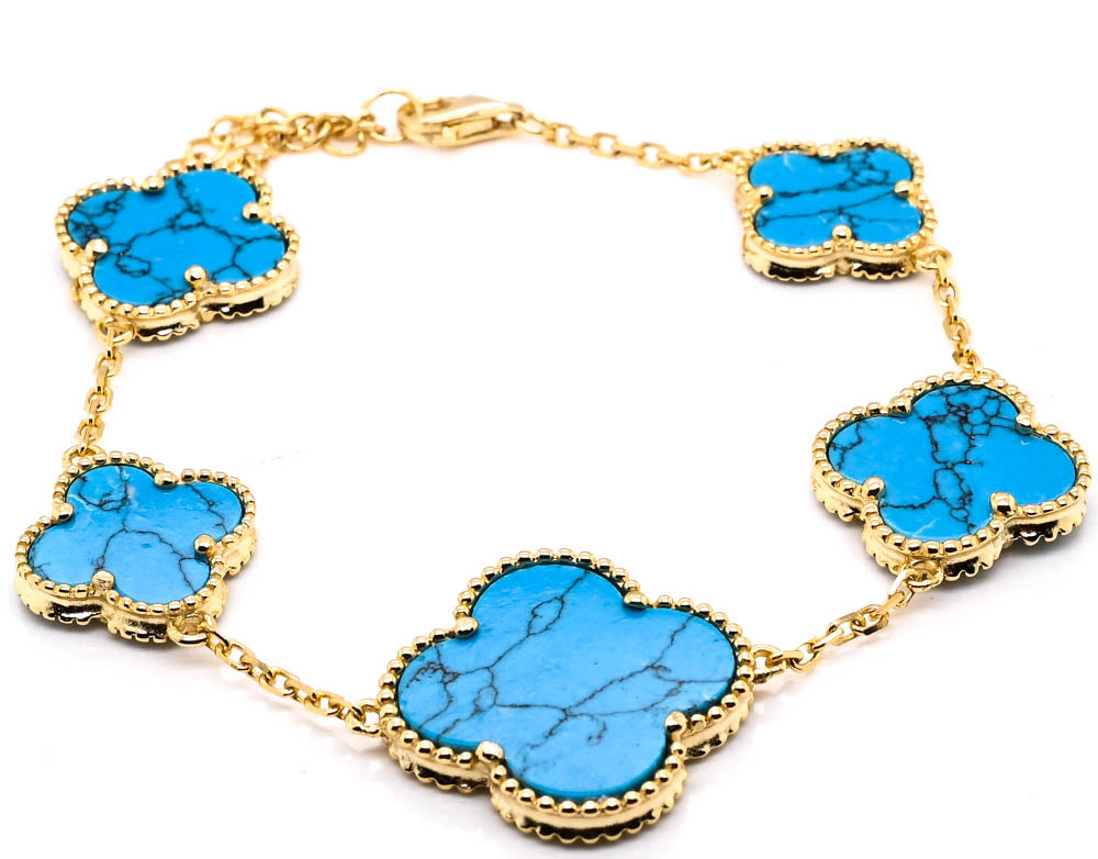 Sterling Silver 14KT Yellow Gold Plated 8" Turquoise Flower Bracelet.