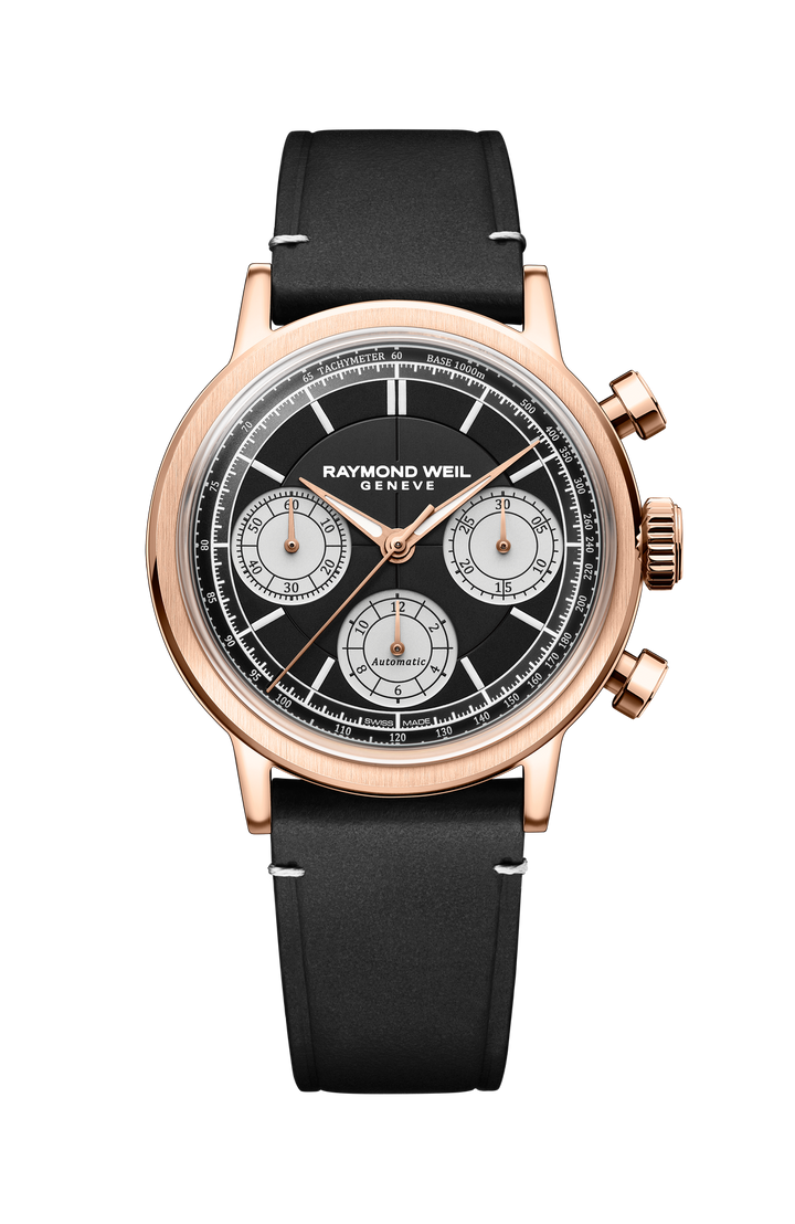 Rayond Weil Millesime Automatic Tri-Compax Chronograph Black Sector Dial 39mm Watch. 7765-PC5-20631