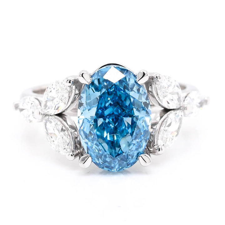 14KT White Gold 3.40CT Oval Shape Fancy Blue LAB Created Diamond Engagement Ring.