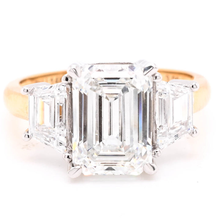 14KT White & Yellow Gold 4.00CTW Emerald Shape Lab Created 3 Stone Engagement Ring.