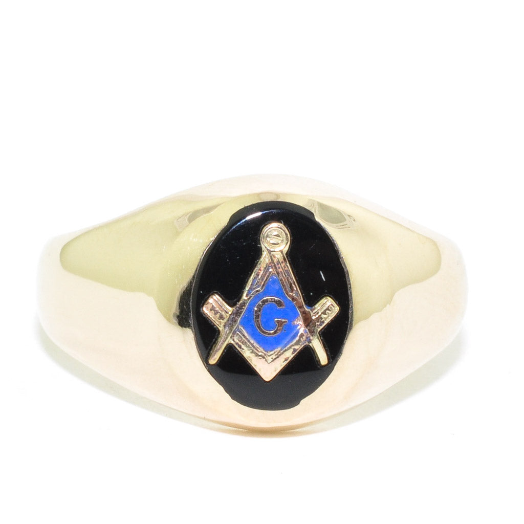 10KT Yellow Gold Black Onyx Masonic Ring.