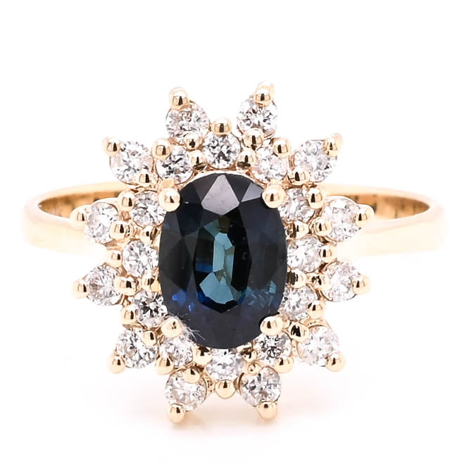 14KT Yellow Gold Oval shape Blue Sapphire & Diamond Cluster Ring.