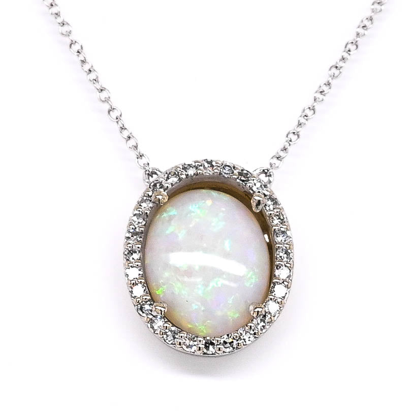 10KT White Gold 18"  Opal  and Diamond Necklace.